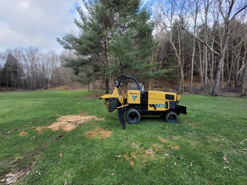 A yellow Vermeer SC552 stump grinder on a lawn beside two patches of fresh grindings